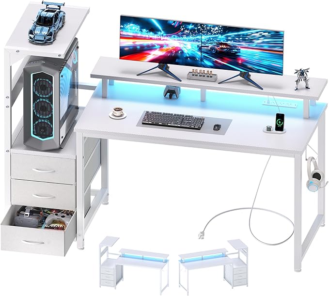 DUMOS L Shaped Gaming Desk with Shelves Storage Drawers 52'', White Computer Desks with LED Lights Power Outlets, Office Wood Table with PC Stand Cable Management for Bedroom Dual Monitor Streaming