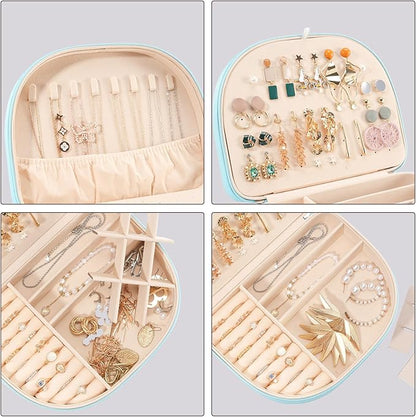 ProCase Travel Size Jewelry Box, Large Portable Seashell-Shaped Jewelry Case, 2 Layer Jewelry Organizer in PU Leather for Women -Blue