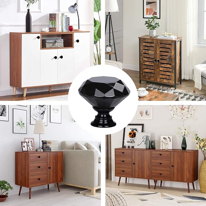 YourGift 12 Pack Drawer Knobs Diamond Shaped Crystal Glass 40mm Cabinet Knobs Pull Handles (40 mm, 12 Pack, All Black)