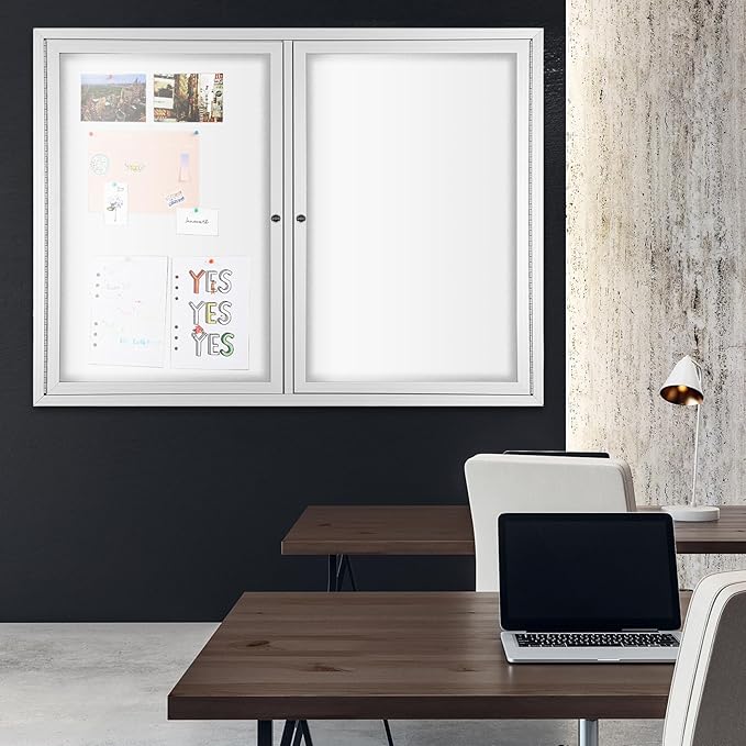 INNOVART Enclosed Bulletin Board 48”x36”, Lockable Dry Erase Noticeboard with Aluminum Frame, Outdoor Enclosed Whiteboard Weatherproof, Wall Display Case with Swing-Open Door Information Cabinet