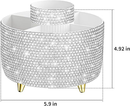 Bling 360° Rotate Makeup Brush Holder Organizer, Makeup Organizers Countertop, Makeup organization and Skincare Storage for Vanity, Gift for Women Girls (Bling dz-White)