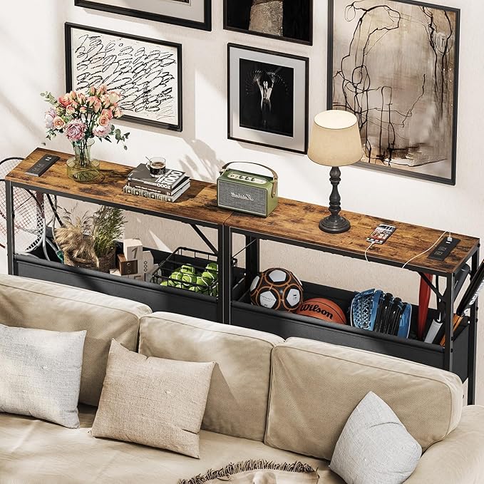 31.5" Console Table, 9.5" D Entryway Table with Power Outlets & USB Ports & Fabric Basket, Narrow Sofa Table for Hallway, Foyer, Living Room, Rustic Brown