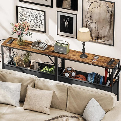 31.5" Console Table, 9.5" D Entryway Table with Power Outlets & USB Ports & Fabric Basket, Narrow Sofa Table for Hallway, Foyer, Living Room, Rustic Brown