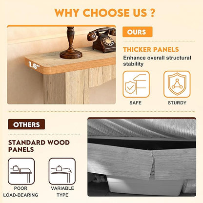 43 Inch Entryway Table U-Shaped Extension, 1.6 Inch Thick Desktop Wooden Console Table with Socket Farmhouse Sofa Table for Entrance, Hallway, Living Room,Behind Couch((Natural Brown)