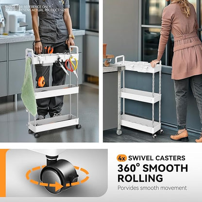 Auto Dynasty 3 Tier Slim Rolling Cart with Handle, Multifunction Utility Storage Rolling Cart, Movable Storage Organizer with Wheels for Office, Bathroom, Kitchen, Narrow Places (White)