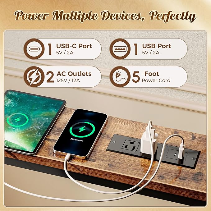 Huuger 133.9 Inch Sofa Table with Power Outlets and USB-C Ports, 5.9 Inch Narrow Entryway Table, Behind Couch Table with Storage, Extra-Long Console Table, Living Room, Rusitc Brown