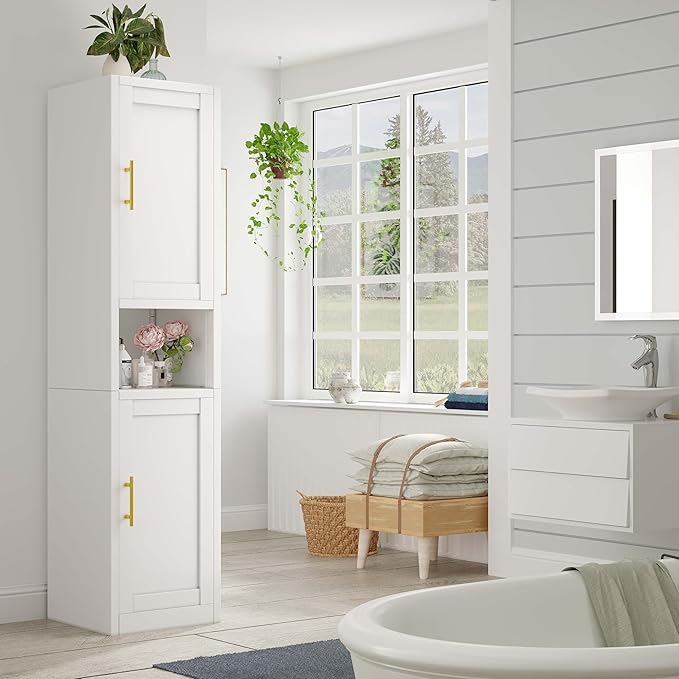 67" Tall Narrow Storage Cabinet Metal Bathroom Cabinet with 2 Doors & 4 Adjustable Shelves, Standing Pantry Cabinets Cupboard for Kitchen, Dining Room, Living Room and Bathroom (White)