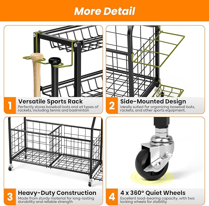 TOOLF Garage Sports Equipment Organizer with Ball Rack & Basket, Heavy Duty Workout Storage Cart for Gym Equipment, Outdoor Toy Organizers, Black