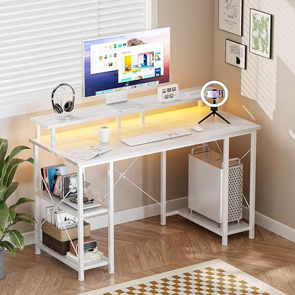 DUMOS Gaming Desk 48 inch Computer Office Desks with LED Lights Power Outlets, Monitor Stand Storage Shelves, Ergonomic White Office Table for Home Gaming Station