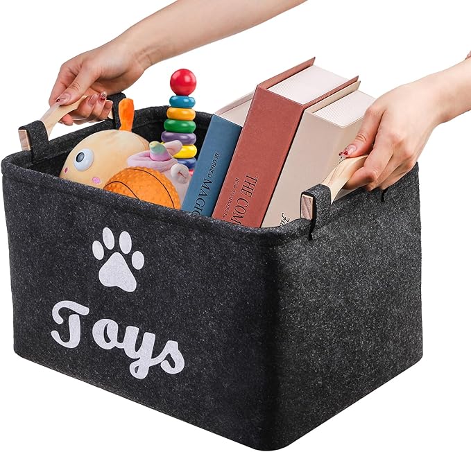 2 Pack Pet Toy Basket, Felt Collapsible Dog Toy Bin Box with Wooden Handles, Large Pet Supplies Storage Organizer for Toys, Blankets, Leashes, Clothing, 15" x 11" x 8.6''
