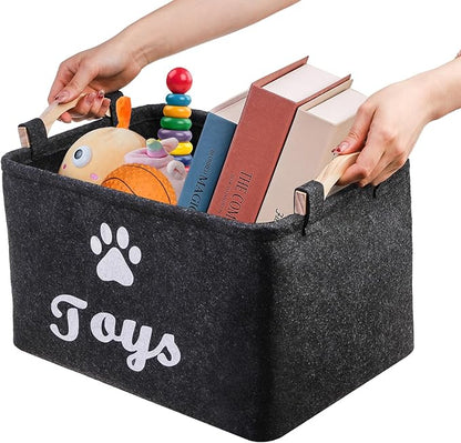 2 Pack Pet Toy Basket, Felt Collapsible Dog Toy Bin Box with Wooden Handles, Large Pet Supplies Storage Organizer for Toys, Blankets, Leashes, Clothing, 15" x 11" x 8.6''