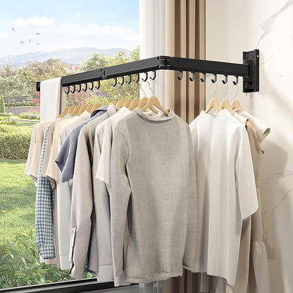 Wall Mounted Clothes Drying Rack, Collapsible Laundry Drying Rack, Retractable Foldable Drying Rack Clothing for Hanging Clothes,Black-Hooks