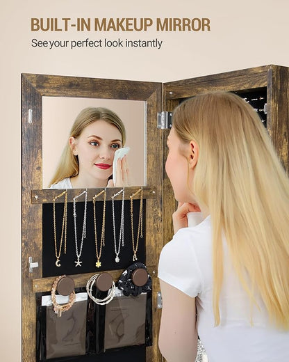 8 LEDs Jewelry Cabinet Armoire, 66.9-inch Jewelry Organizer with Garment Rack, Lockable Full-length Mirror with 4 Wheels, Storage Shelves with Hooks, 5-in-1, Toasted Oak JC17007B