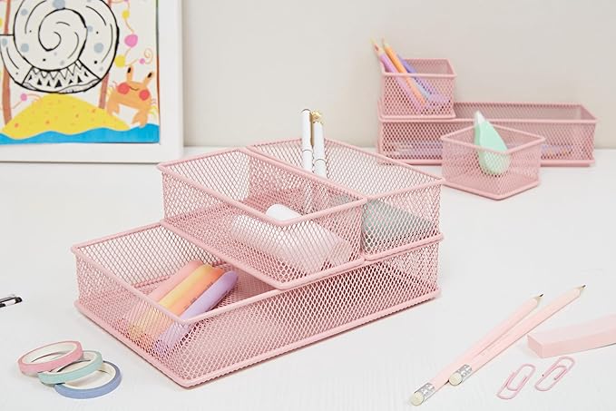 Annova Mesh Stackable Drawer Cabinet and Shelf Organizer Bins Storage Basket School Office Supply Holder Tray- Set of 2 (Light Pink, 6x9x2 Inch)