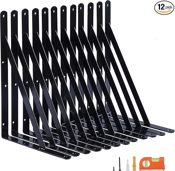 12-Pack 16 Inch Heavy Duty Shelf Brackets, Thicken Wall Bracket for Garage Floating Storage Shelves, 90 Degree Triangle Large L Bracket, Black Powder-Coated Steel