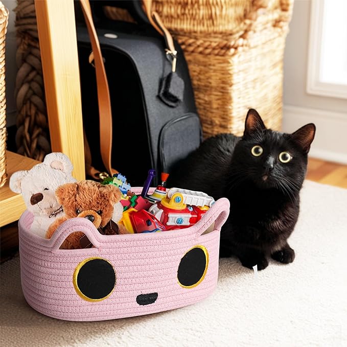 Pink Cat Toy Basket, Small Woven Cat Toy Storage Box with Cute Ears Handle Indoor, Cotton Rope Storage Bin with Embroidered Face for Home Decor, Pet Bed, Baby Nursery Kids Room Organization