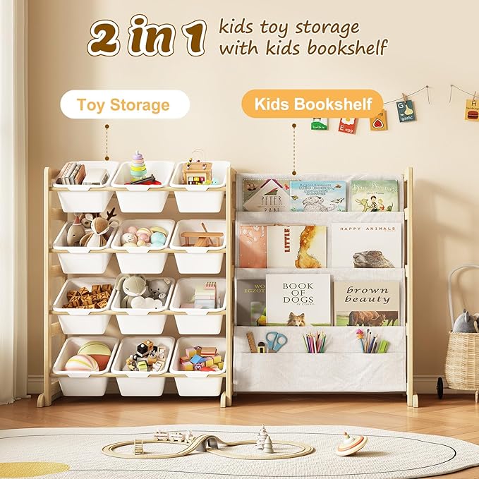 Toy Storage Organizer with Bookshelf - 12 Storage Bins 4-Tier Multipurpose Shelf to Organize Toys and Books for Kids Room, Playroom, Nursery Room, White