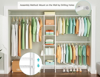 Ulif M1 Closet Storage Organizer System, 6 Tiers Heavy Duty Metal Garment Rack with 3 Expandable Hanger Rods, Wall Mounted Space Saver Suits from 5.4-8.7 ft. Width, 71.2”H x 14”D, 700LBS, White
