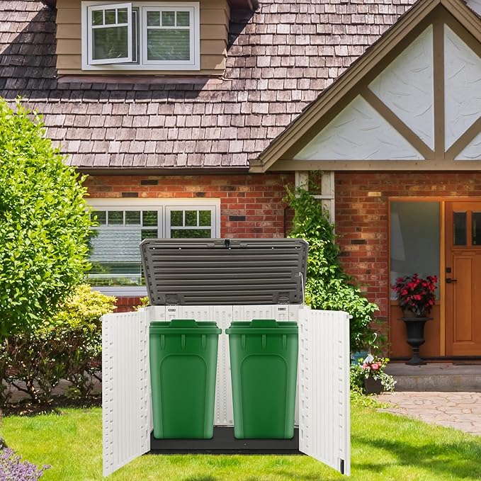 VINGLI Outdoor Horizontal Storage Shed Waterproof with 34 Cubic Feet Storage Space, 50” x 29” x 41” Patio Storage Cabinets for Garbage Cans, Bike, Tools， Deck Box for Yard, Porch, Garden, White