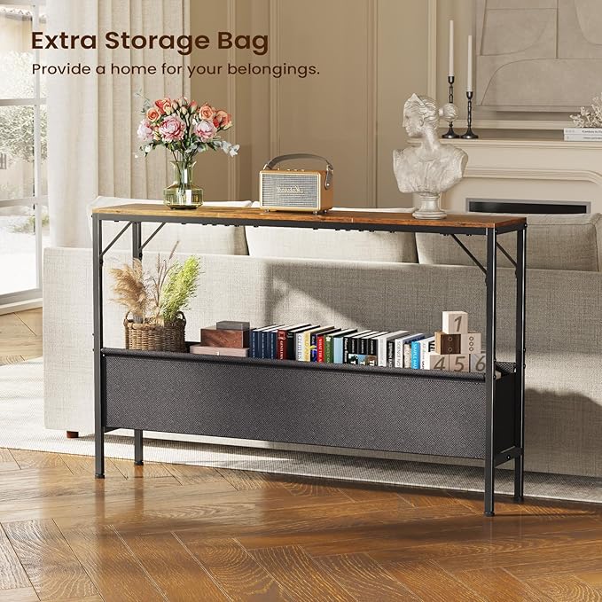 47.2'' Console Table, 9.5" D Entryway Table with Storage Basket, Narrow Sofa Table, Behind Couch Table for Hallway, Foyer, Corridor, Living Room, Rustic Brown