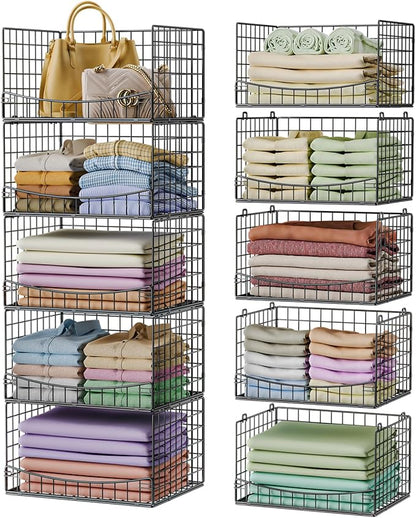 JKsmart 5-Tier Stackable Closet Organizers and Storage Shelves,Extend Clothing Closet Shelf Bins for Jeans Pants Sweaters - Wardrobe Cupboard Clothes Organizer System-Wider Mouth Design