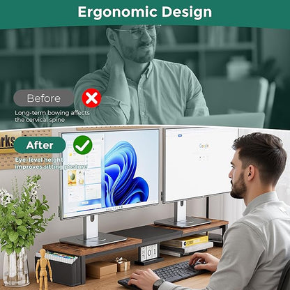 Dual Monitor Stand Riser, 41.5'' Extra Long Wood Monitor Stand Desktop Organizer with Side Pocket, Ergonomic Monitor Riser Supports 2 Monitors,TV,Laptop,Printer for Home Office, Rustic Brown
