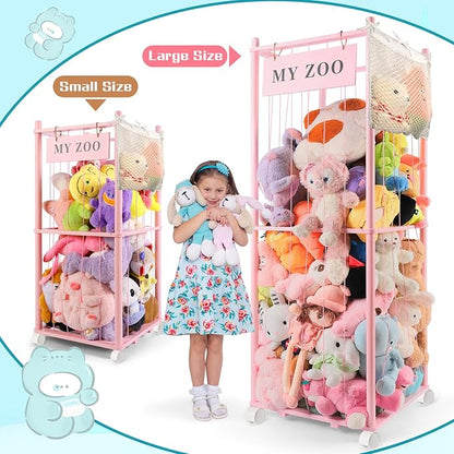 Stuffed Animal Storage Zoo with Wheels, Wooden Stuffed Animal Organizer with Elastic Cords, Space Saving Toy Plushies Storage Holder for Playroom, Bedroom, Living Room(Pink, Small)