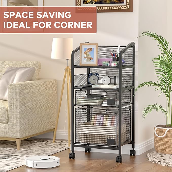 2 Drawer File Cabinet with Adjustable Dividers, 4-Tier Mobile Vertical Filing Cabinet on Lockable Wheels, Hanging File Organizer Cart for Letter-Size,Rolling Utility Cart for Home Office