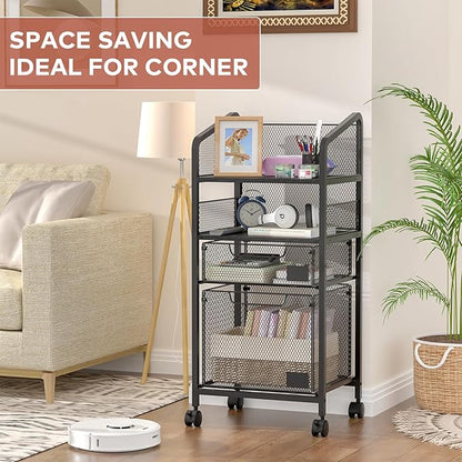 2 Drawer File Cabinet with Adjustable Dividers, 4-Tier Mobile Vertical Filing Cabinet on Lockable Wheels, Hanging File Organizer Cart for Letter-Size,Rolling Utility Cart for Home Office