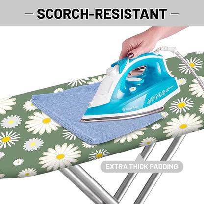 Extra Thick Ironing Board Cover and Pad, 15x54 Ironing Board Cover, Resist Scorching and Staining,Elastic Edges,Sage Green White Daisy Spring Flowers