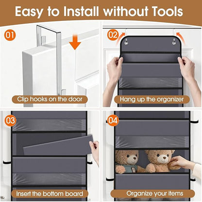 WISELIFE Over The Door Organizer Storage with 5 Large Pockets Door Hanging Organizer with Clear Windows behind The Door Storage for Nursery Bedroom Bathroom Pantry Closet and Baby Essentials Dark Grey