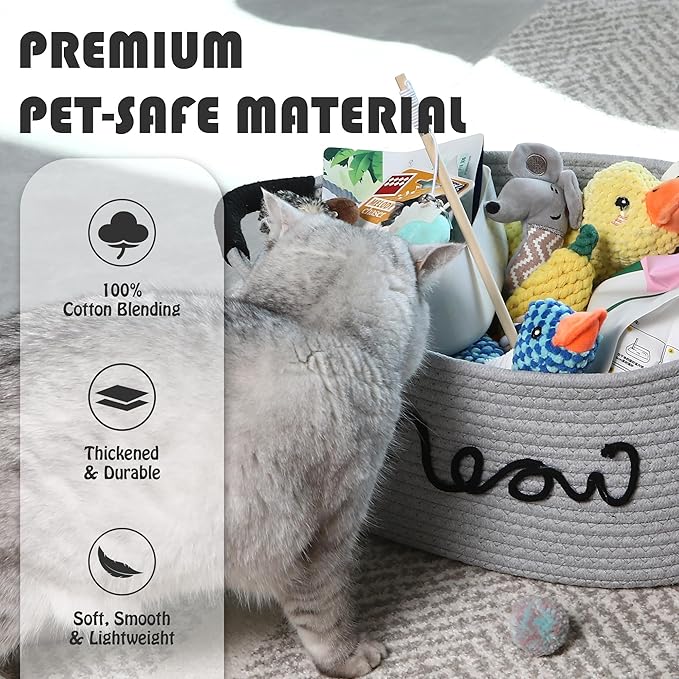 Sea Team Cat Toy Storage Basket with Handles, 16.5 x 11 x 7 Inches, 4.4 Gallons Large Cotton Rope Storage Bin, Shelf Basket, Organizer for Pet Chew Toys, Foods, Grey Meow