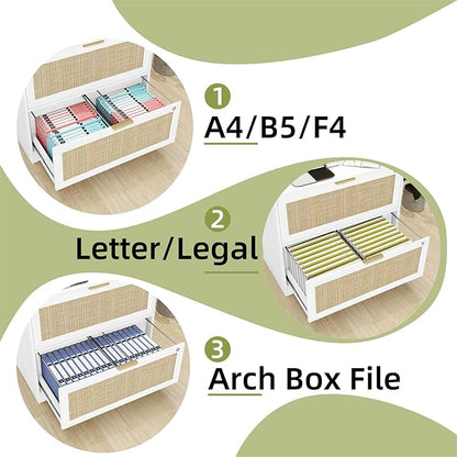 HOPUBUY 2 Drawer File Cabinet with Lock, Printer Stand Lateral Filing Cabinets for Home Office and School, Wood Rattan File Cabinet for Hanging Files/Letter/Legal/A4/F4 Size, White