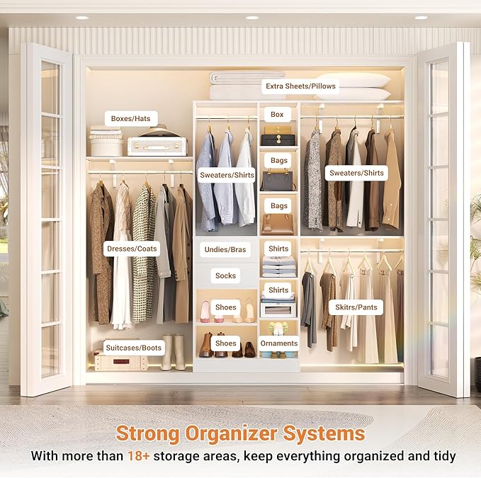 Upgraded 96 Closet System with 18 Storage Place, 8FT Closet Organizers System with 13 Shelves and 2 Wooden Drawers, 96'' Walk-in Closet with 4 Hanging Rods, Adjustable Garment Rack, White