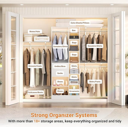 Upgraded 96 Closet System with 18 Storage Place, 8FT Closet Organizers System with 13 Shelves and 2 Wooden Drawers, 96'' Walk-in Closet with 4 Hanging Rods, Adjustable Garment Rack, White
