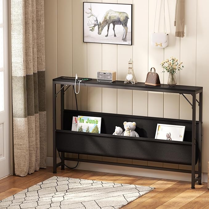 47.2'' Skinny Console Table with Power Outlet, 5.91" Behind Couch Table with Charging Station, Long Sofa Table, Narrow Entryway Table for Living Room, Foyer, Hallway, Black