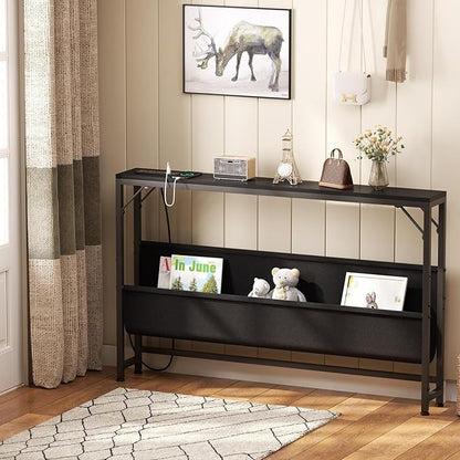 47.2'' Skinny Console Table with Power Outlet, 5.91" Behind Couch Table with Charging Station, Long Sofa Table, Narrow Entryway Table for Living Room, Foyer, Hallway, Black