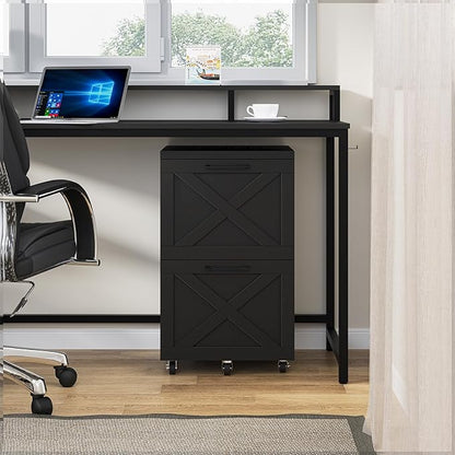 2 Drawer Small File Cabinet with Wheels, Farmhouse Vertical Filing Cabinet Fits A4 or Letter Size, Under Desk Rolling File Cabinets for Home Office, Wooden Printer Stand, Black