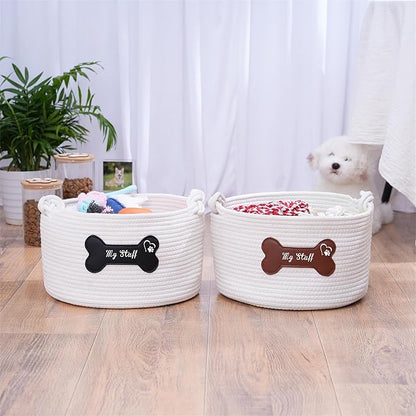 Cotton Pet Storage Basket, 12 x 12 x 7.1 inches, Dog Toy Organizer with Black Leather Bone Design, Dog Toy Storage Organizer, My Stuff Basket Puppy Pet Gift (Pet Dog Basket)