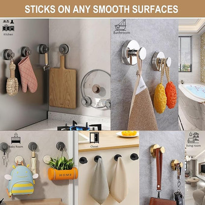 ZESLMG Nickel Suction Cup Hooks for Glass Window, Silver Shower Hook for Inside Shower, Removable Towel Hooks for Bathroom Kitchen Wall Glass Door, Wreaths Loofah Suction Hook for Hanging, 4 Pack