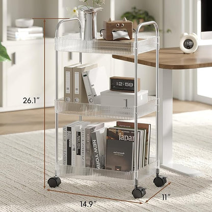 3 Tier Rolling Cart with Lockable Wheels, Clear Acrylic Utility Trolley with Handle, Heavy-Duty Storage Organizer for Kitchen Bathroom Nursery Laundry - Snack Book Craft Organizer (Clear)