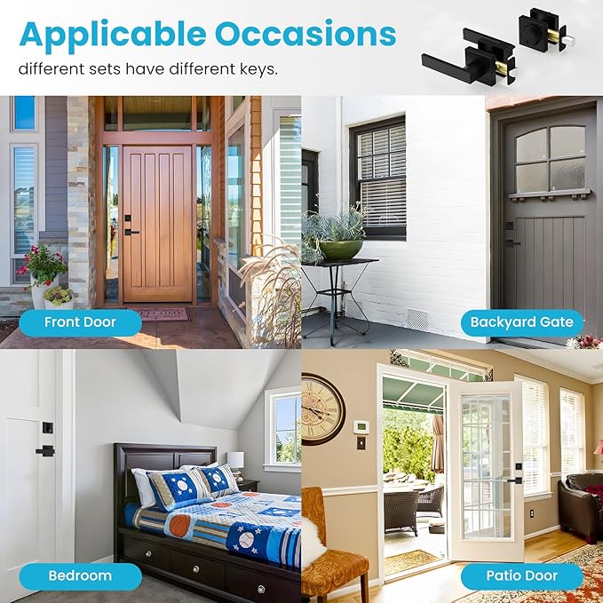 Estmoon Exterior Door Lock Sets, Matte Black Passage Door Handle and Single Cylinder Deadbolt Lock Combo, Modern Square Door Knob with Deadbolt, Keyed Alike Door Lock Sets for Front Door, 2 Pack