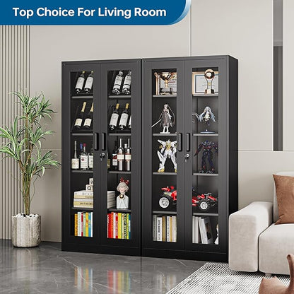 Display Cabinet with Glass Doors, 71 Inches Metal Display Case with 4 Adjustable Shelves, Curio Storage Cabinet with Lock for Home, Office, Book, Pantry, Assemble Required (Black)