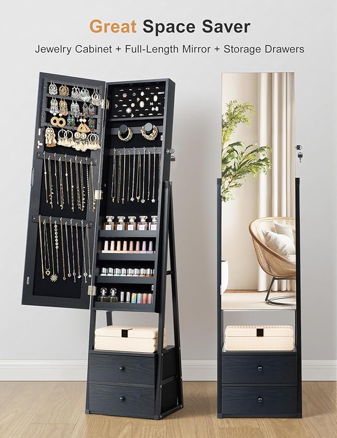 Nicetree Mirror Jewelry Cabinet Standing, Lockable Jewelry Cabinet Armoire with 2 Drawers, Full Length Mirror with Jewelry Storage, Christmas Gifts, Black