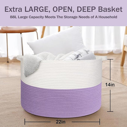 Large Purple Rope Storage Basket, 22x14 Inches Wicker Woven Baskets for Storage, Baby Laundry Hamper, Towel Blanket Toy Bin Organizer, Purple Living Room Decor, Big Basket for Gifts Empty