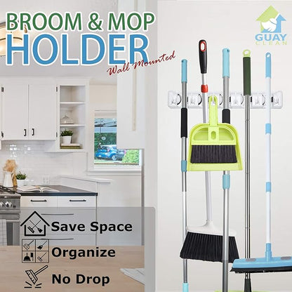 Guay Clean Broom and Mop Holder - Garden Tool Organizer - Home Storage Utility Rack- Strong Grip Hangers with Foldable Hooks - Heavy Duty Wall Mounted Shelf System - Fixed