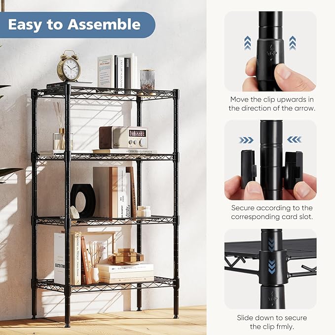 DUMOS 4-Tier Metal Wire Storage Shelves, Adjustable Standing Storage Rack Shelf, Heavy Duty Steel Shelving Unit Organizers for Kitchen Bathroom Pantry Garage, 23.2" W×13.4" D×47.2" H, Black