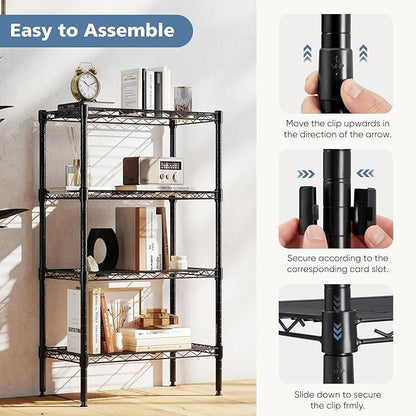 DUMOS 4-Tier Metal Wire Storage Shelves, Adjustable Standing Storage Rack Shelf, Heavy Duty Steel Shelving Unit Organizers for Kitchen Bathroom Pantry Garage, 23.2" W×13.4" D×47.2" H, Black
