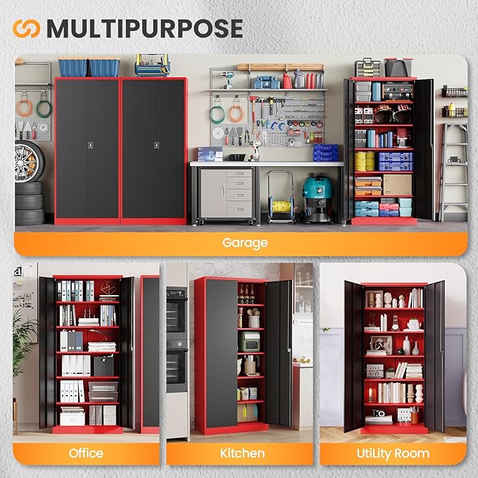 Metal Garage Storage Cabinets with Lock, 71" Tall Tool Cabinet with 2 Door and 5 Adjustable Shelves, Locking Garage Cabinets and Lockable Steel Locker for Home Office Warehouse-(Red Black-71”H)