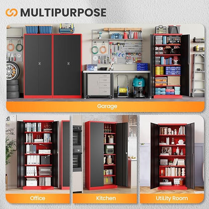 Metal Garage Storage Cabinets with Lock, 71" Tall Tool Cabinet with 2 Door and 5 Adjustable Shelves, Locking Garage Cabinets and Lockable Steel Locker for Home Office Warehouse-(Red Black-71”H)
